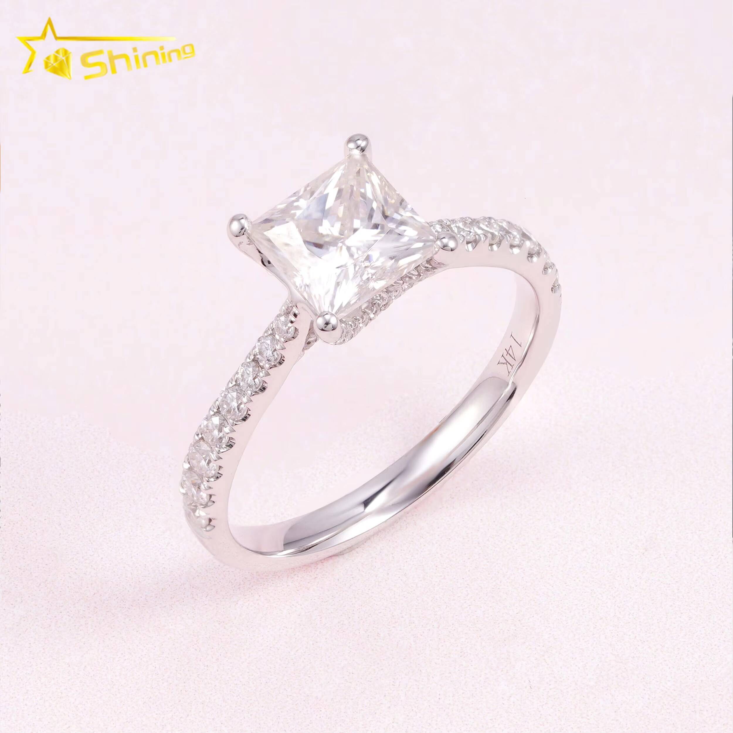 Pass Diamond Tester Classic 1ct Princess Cut VVS Moissanite Engagement Ring 14K Solid White Gold Wedding Women Ring