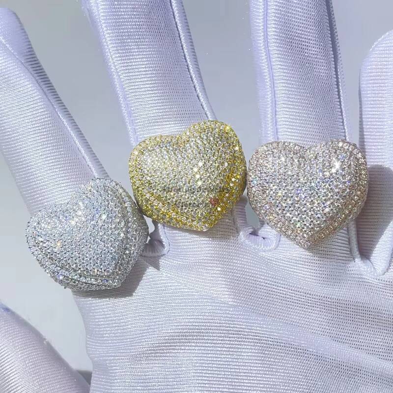 Hip Hop Men Women Iced Out Vvs Moissanite Diamond Micro Pave Heart Ring