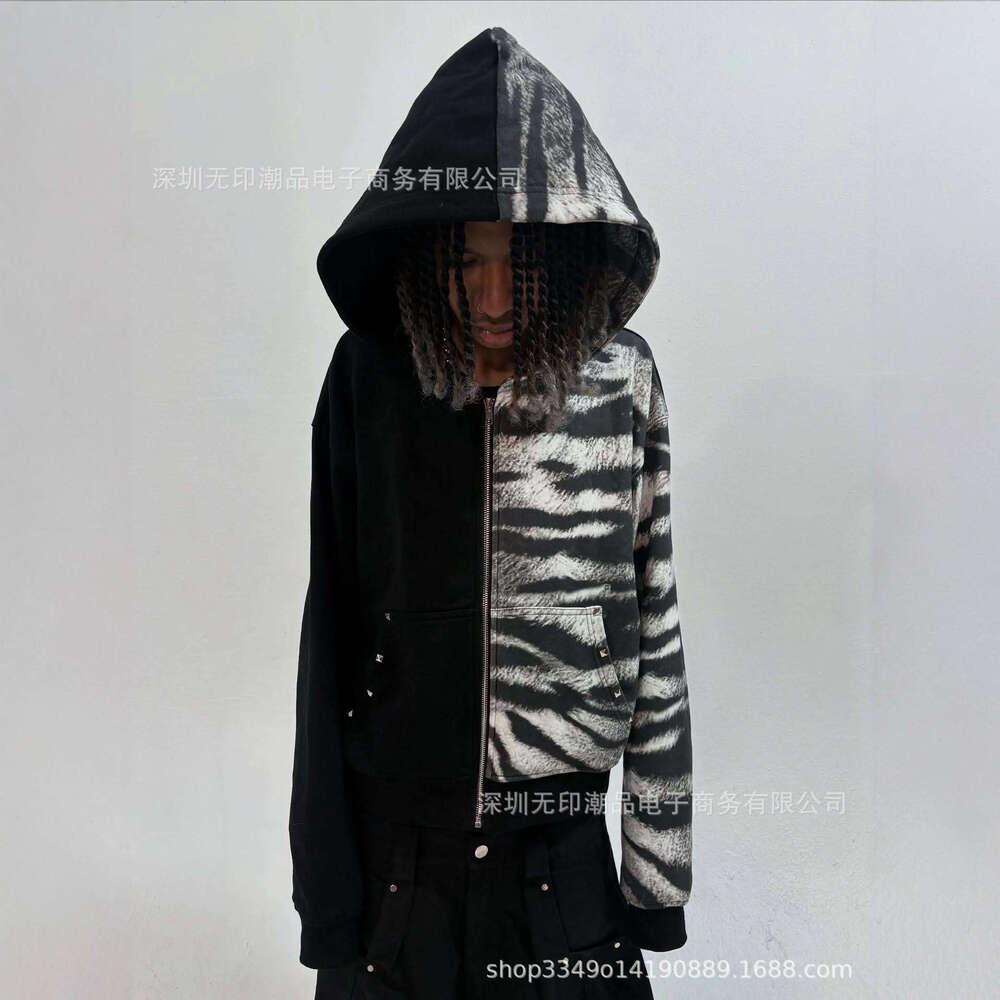 Winter Dark Style Unisex Streetwear Black and White Patchwork Zebra Pattern Fashion Jacket