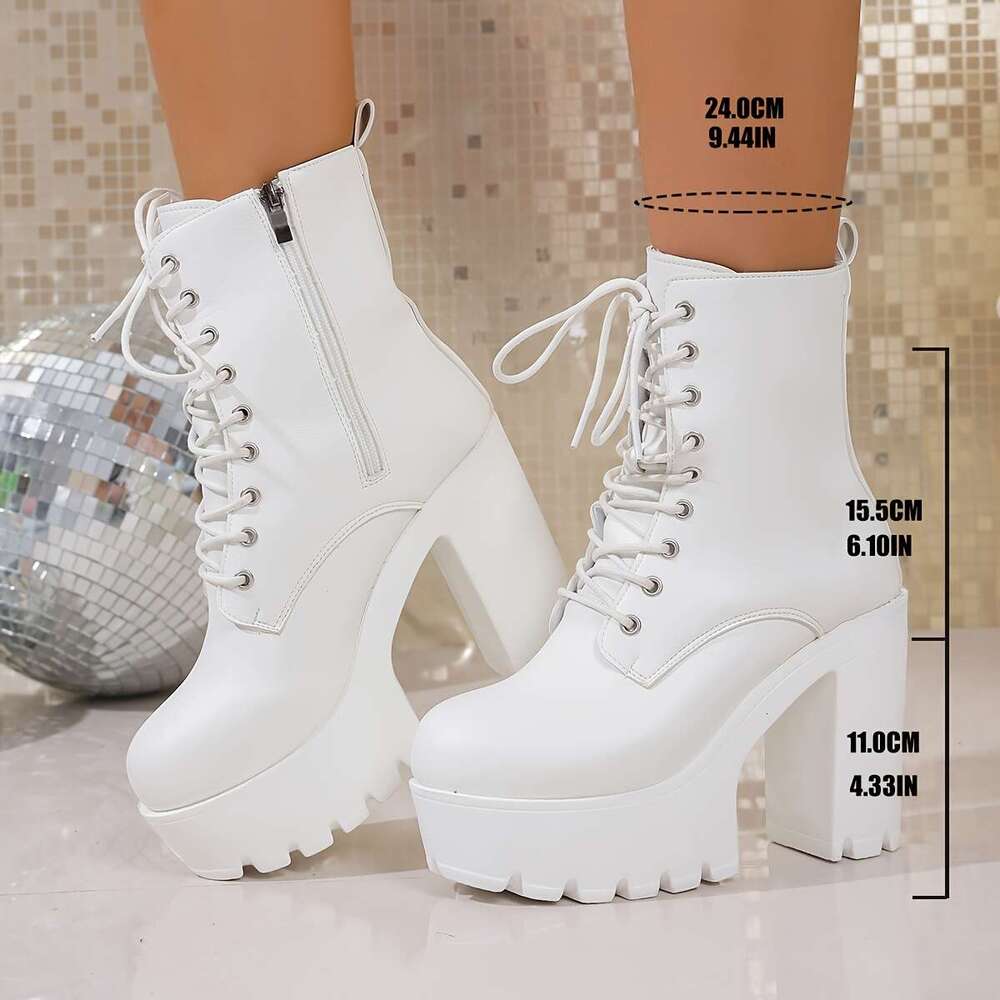 Women's Chunky Platform All-Season Lace-Up Side Zipper Closure, Cushioned Insole & Non-Slip Rubber Sole Elegant White Boots For Parties, Travel, 