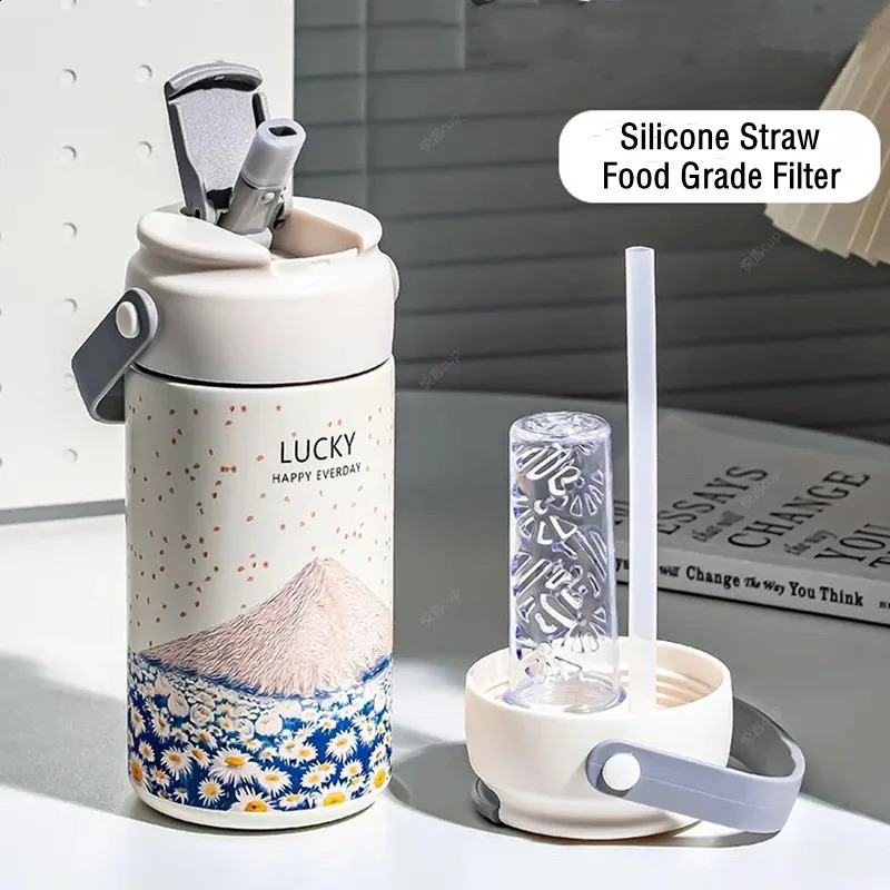 750ml550ml Fashion Flower Stainless Steel 316 Vacuum Flask With Straw And Filter Adult Student Coffee Tea Thermal Bottle 251028 W260226