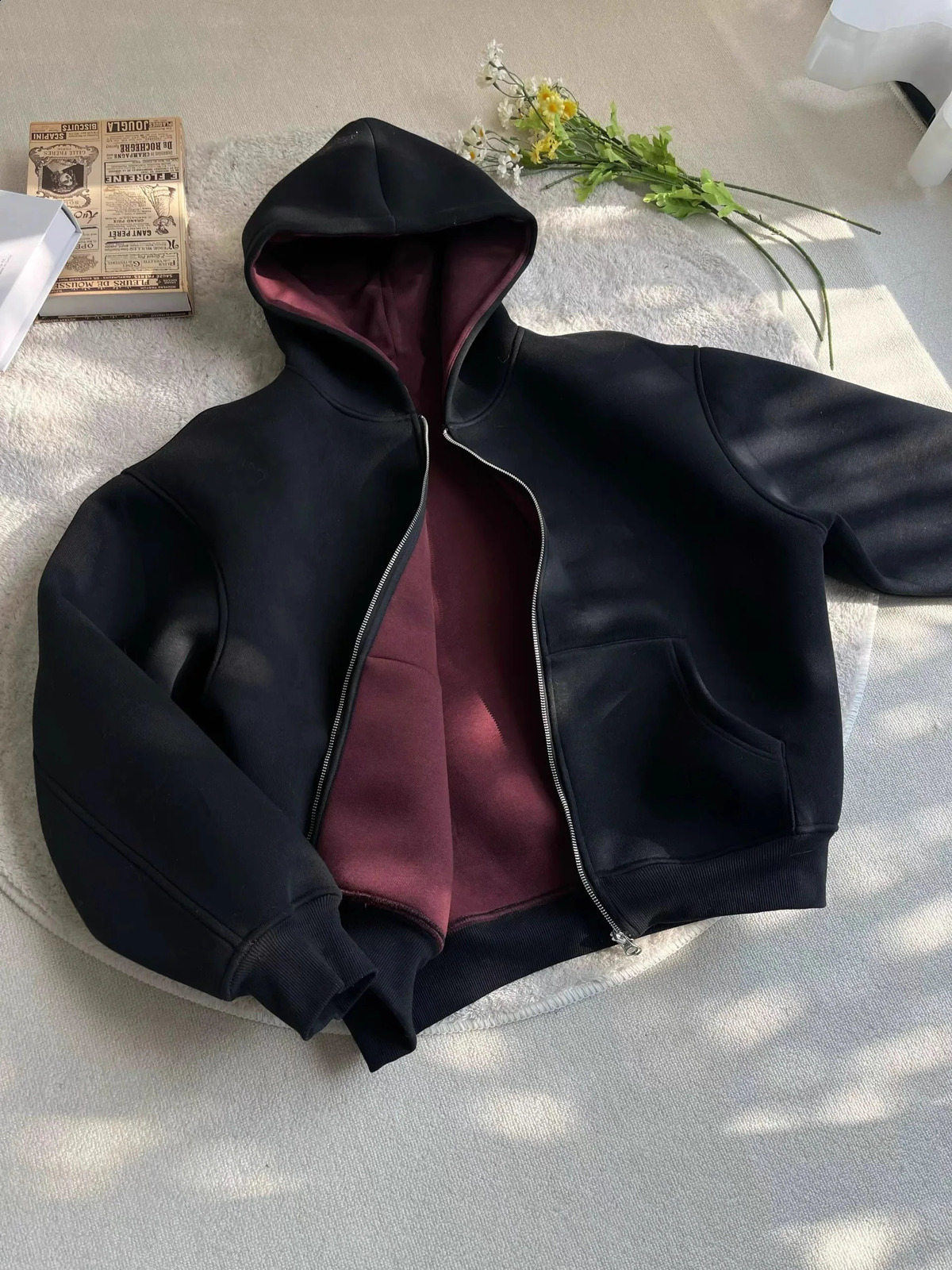 Burgundy Double Sided Composite Cotton Hoodie Autumn Men and Women Zipper Harajuku Casual Loose Sweatshirt 251027