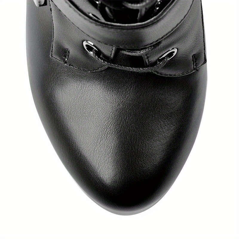 Women's Black Faux Cover Ankle With Double Buckles, Decorative Straps, And Side Zipper - High Heel Platform Short Boots For Fashionable Style, St