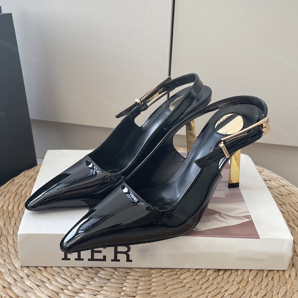 Patent leather Slingback Pointed toe Sandals Stiletto heel pumps 9cm Dress Shoes Women's luxury designer Party wedding Evening shoes With Box 34-41