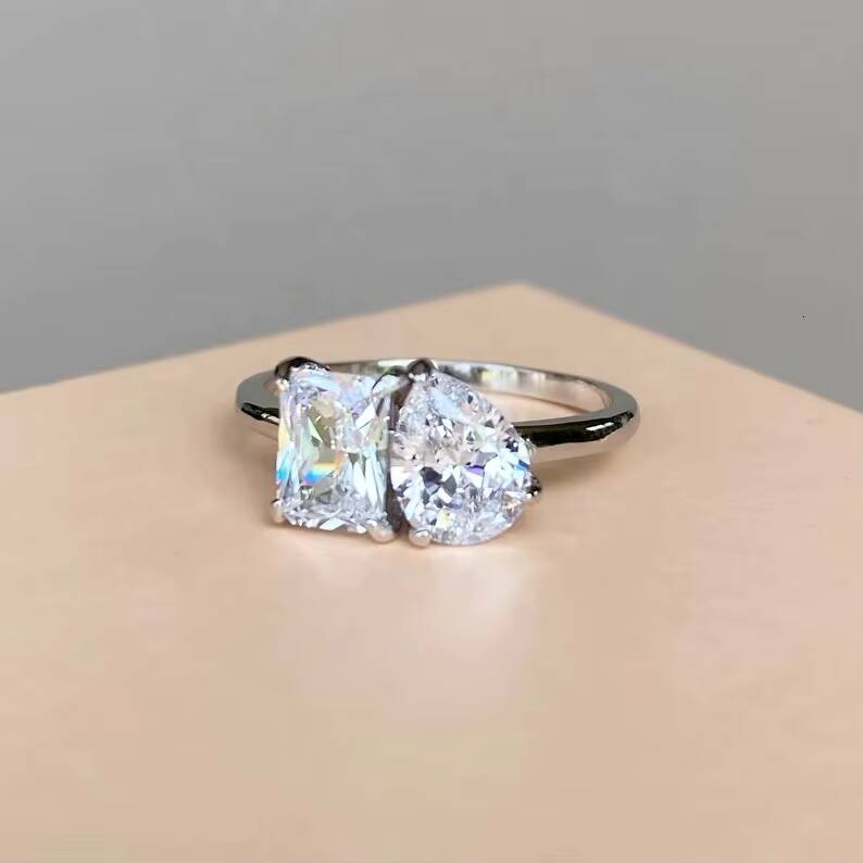 Goldleaf Jewellery 14k Solid Yellow Gold Double Stone Wedding Ring Rectangle Cut Pear Cut D VVS Moissanite Bride Ring Engagement