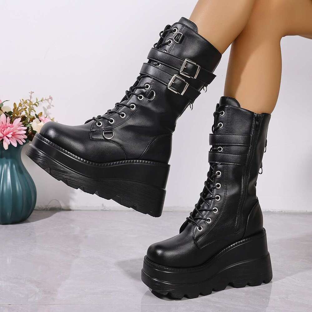 Women's Combat Riding Platform Knee High Boots, Lace Up Fall Lug Sole Gothic Motorcycle Boots With Inside Zipper