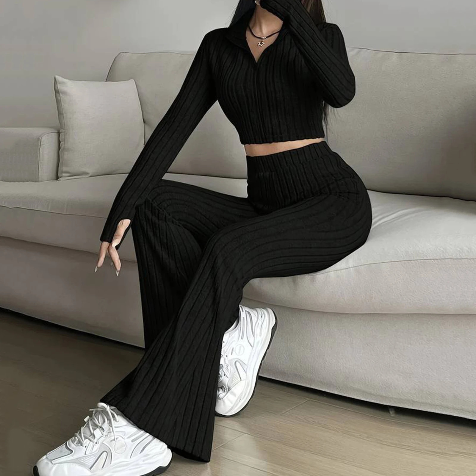 Fashion Solid Color Ribbed Twopiece Zipper Long Sleeved Short Top and High Waisted Flared Pants Set for Womens Casual Wear 251027