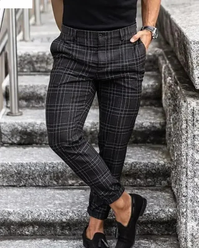 Mens Formal Business Suit Pants Fashion Midwaist Print Plaid Trousers Spring Autumn Comfortable Elastic for Men 251027