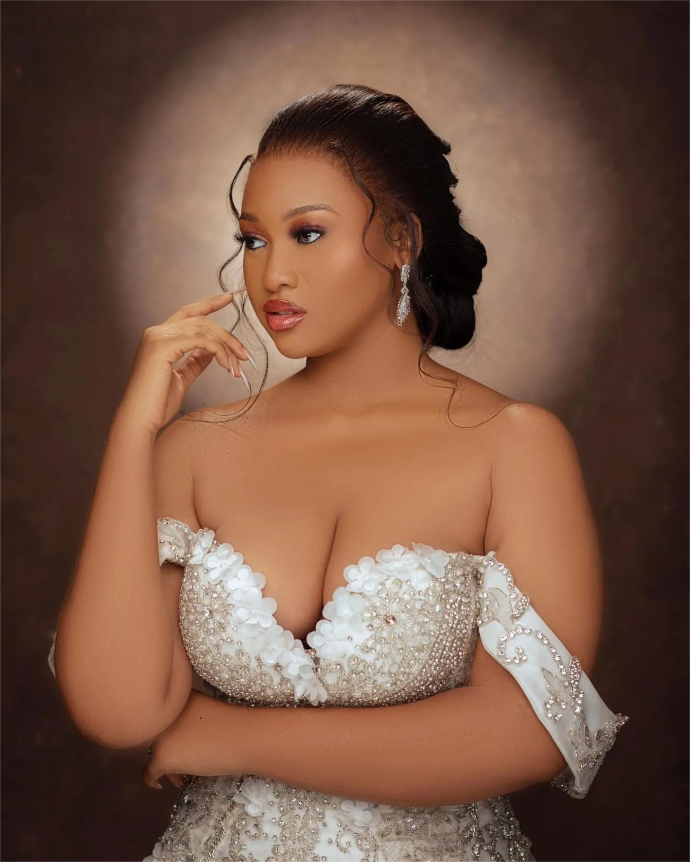 Aso Ebi Mermaid Wedding Dress in Ivory with Florals Beaded Crystals Tiers Satin and Stunning Design