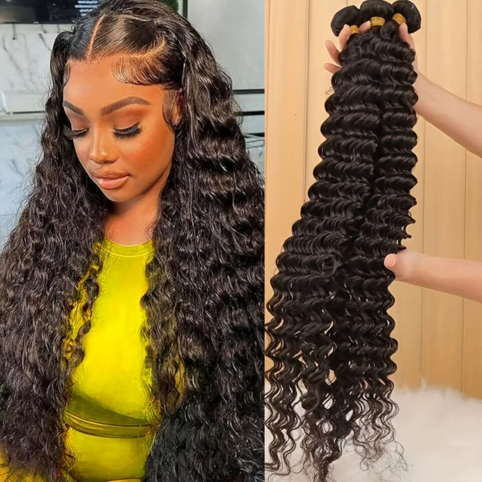 Deep Wave Bundles Virgin Human Can Be Dyed And Bleached Unprocessed Brazilian Hair For Women Natural Black Color 300 G, 10-36 Inch