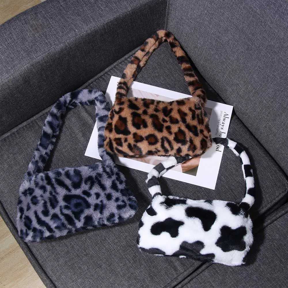 Fashion Soft Faux Fur Plush Underarm Handbag Cow Print Leopard Print Mini Shoulder Bag Faux Fur PurseW251028