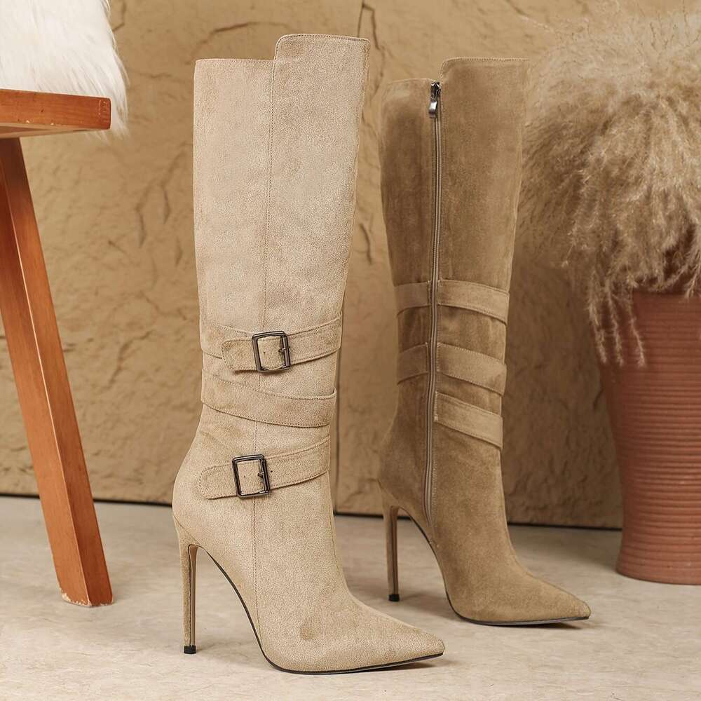 Women's Pointed Toe Stiletto Heel Knee-High With Adjustable Buckle Straps & Side Zipper - Elegant Beige Cover-Like Boots For Versatile Casual To 