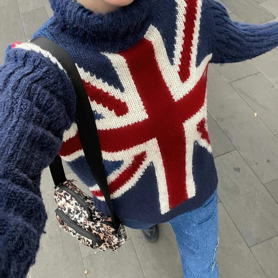 AutumnWinter European American British and American Rice Flag Knitted Sweater Womens Loose Large Round Neck Top 251027