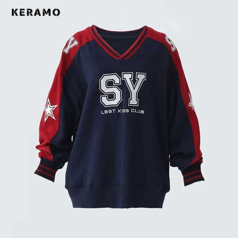 American Vintage Letter Print Fashion Casual Long Sleeve Sweatshirts 2024 Autumn Winter Womens Retro Loose VNeck Patchwork Top J251028