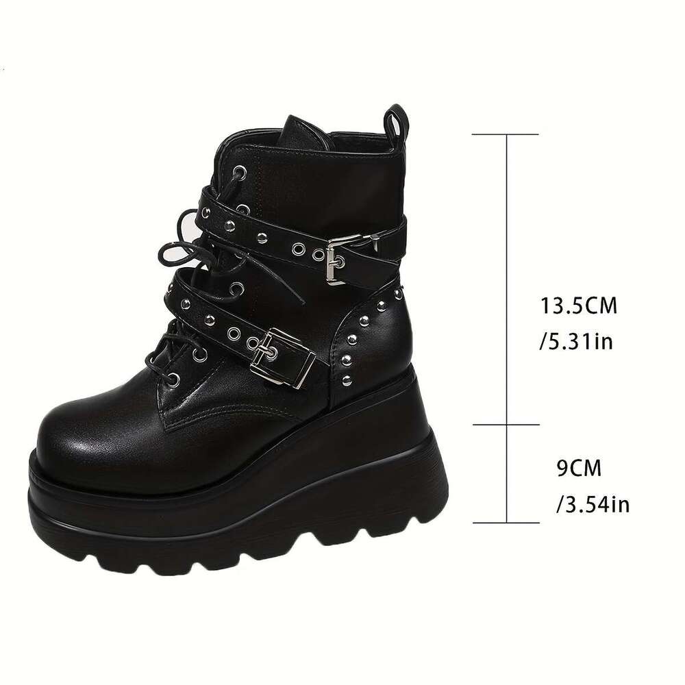 Women's Punk Style Ankle Thick Platform Sole, Side Zipper Closure Chunky Buckle Details - Black Synthetic Cover Round Toe Boots With Cushioned In