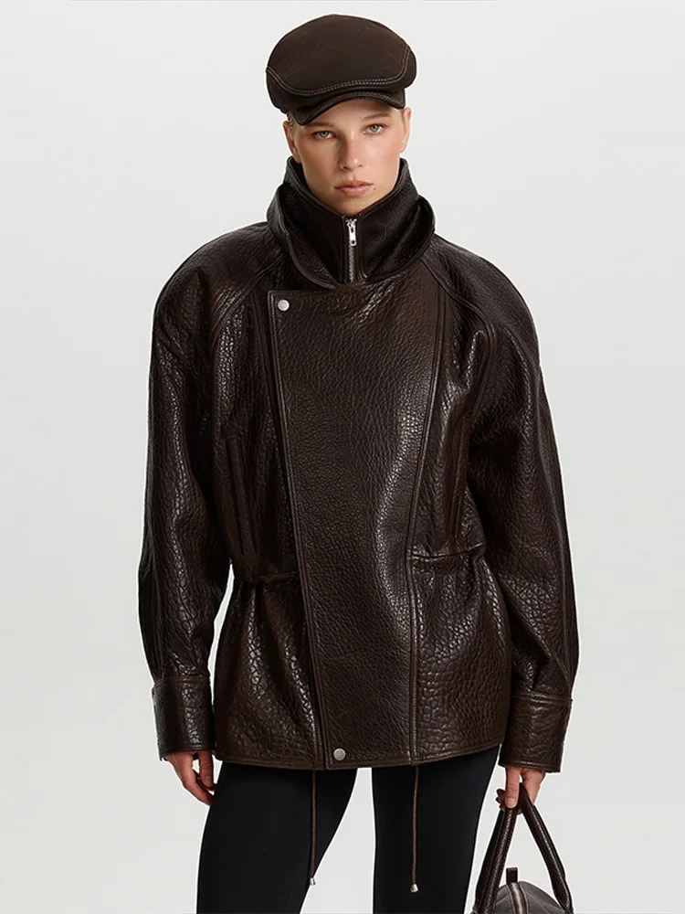 Autumn Fashion Standing Collar Womens Leather Jackets Windproof Loose Fold Coats Locomotive Style High Street Outdoors Clothes 251029