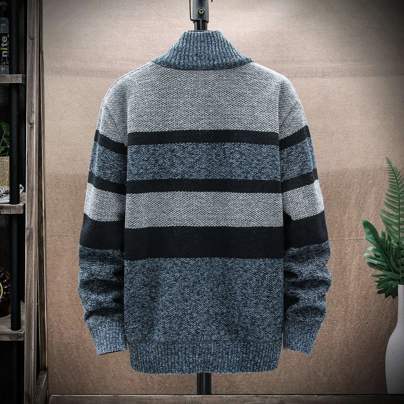 Mens Winter Striped Sweater Cardigan Patchwork Thick Warm Sweaters Coat Fleece Knitwear Zip Up Male Jacket 251017