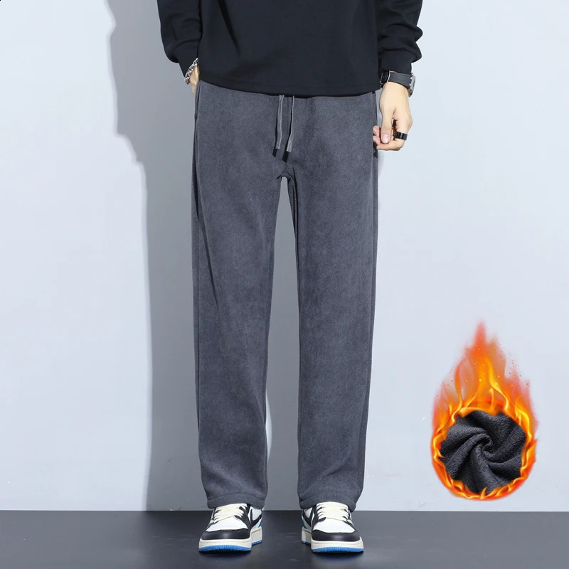 Coffee Khaki Black Gray Loose Casual Pants Men Winter Fleece Thermal Fashion Trousers Thick Velvet Straight Wide Leg Sweatpants 251027
