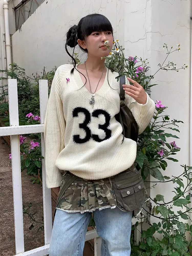 Harajuku Vintage Grunge Letter Jacquard Sweaters Women Y2k Aesthetic Oversized U Neck Jumpers Streetwear Casual Gothic Pullovers 251027