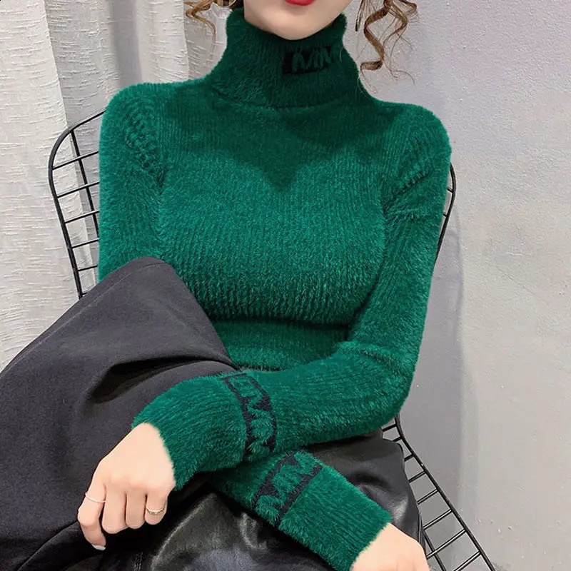 Autumn Winter Letter Printing Sweaters Long Sleeve High Neck Solid Color Slim Youth Pullovers Elegant Fashion Women Clothing 251027