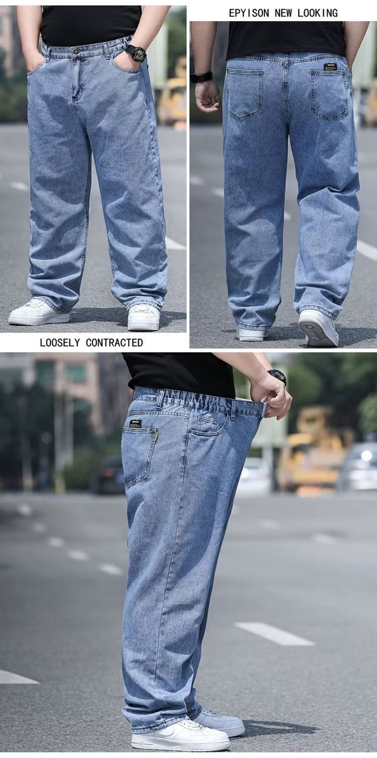 Men's Jeans Straight - Relaxed Large-sized Chubby Deep-groin Durable Straight-through Loose Elastic Force Denim Fit With Great Drape Tummy & Slim