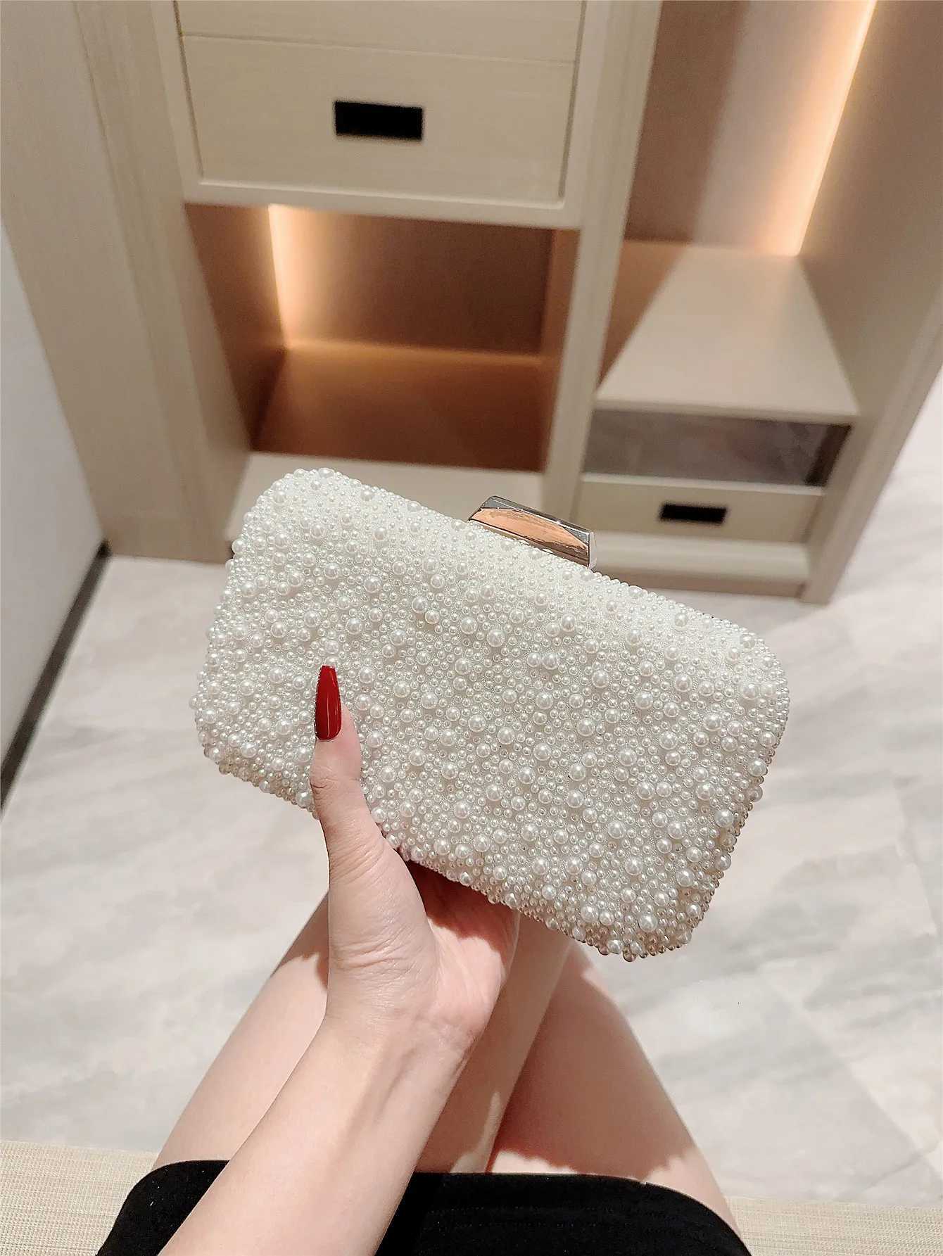 New Pearl Square Box Type Evening Bag Beaded Clutch Chain Bag Banquet Bag Evening Bag Dress Bag Wedding Bag H251027