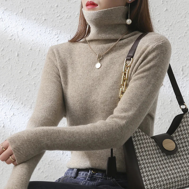 Womens Autumn and Winter 100 Wool Casual Warm Stacked High Neck Wool Loose Thick Underlay Knitted Sweater Top 251027