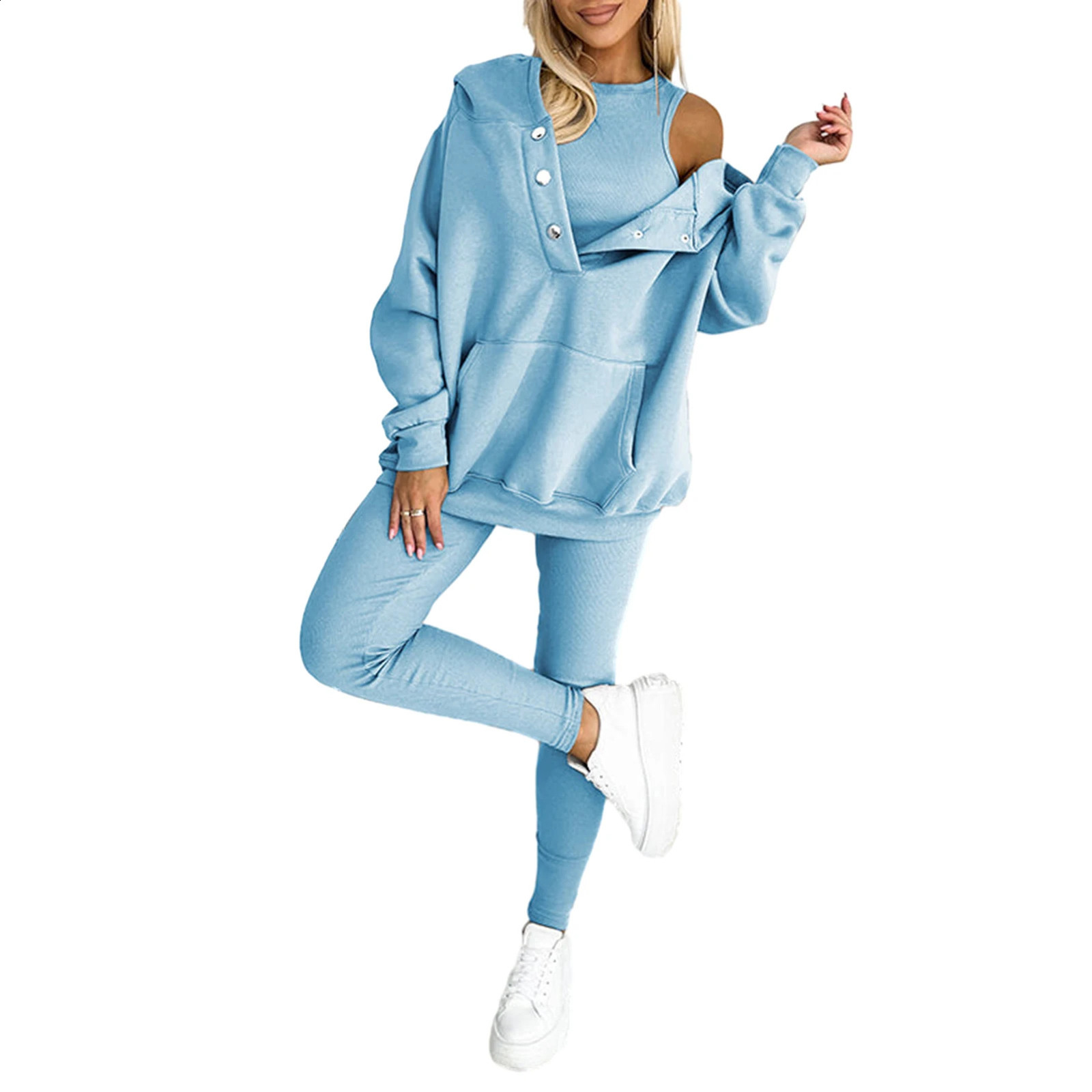 2PcsSet Women Spring Casual Outfit Hooded Long Sleeve Sweatshirt Joggers Pants Set Comfortable Solid Color Tracksuit 251027