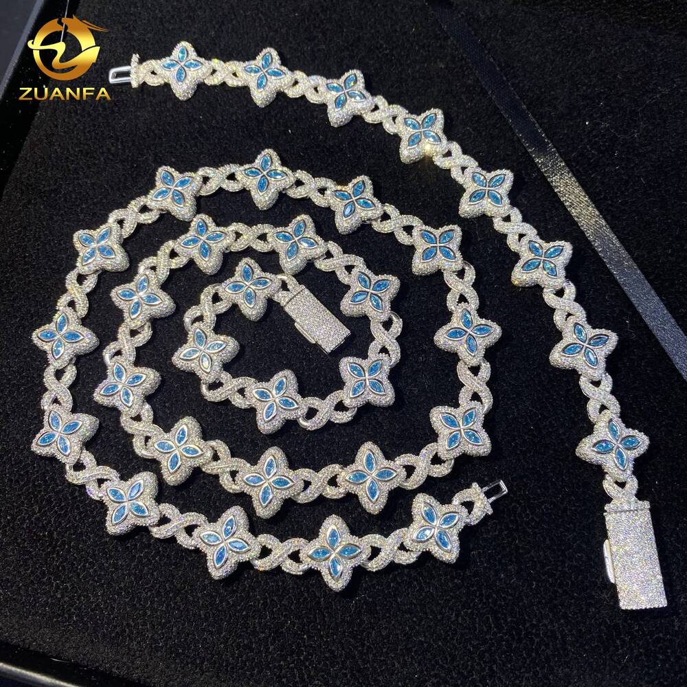 15mm Hot Sale Hip Hop Jewelry Marquise VVS Moissanite 925 Silver Iced Out Clover Bracelet Blue Pink Diamond Cuban Chain Necklace