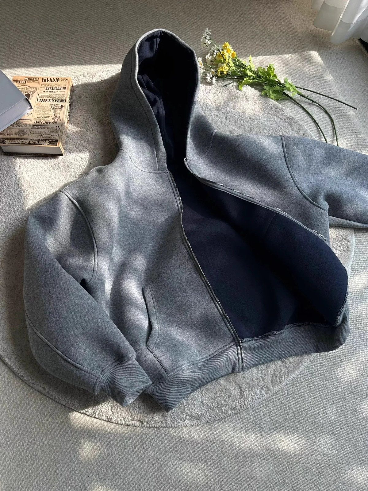 Burgundy Double Sided Composite Cotton Hoodie Autumn Men and Women Zipper Harajuku Casual Loose Sweatshirt 251027