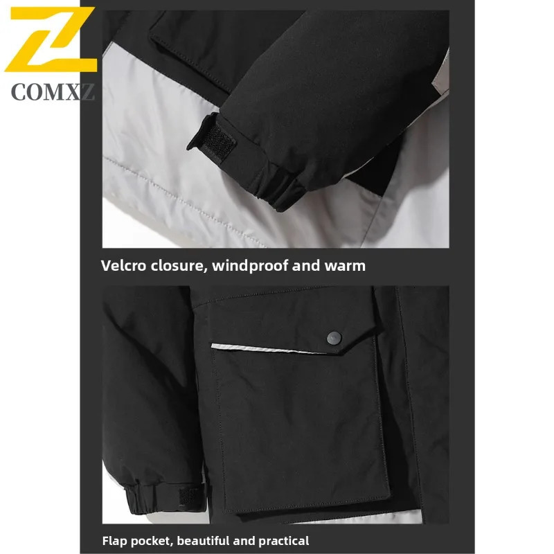 COMXZ Men Mid Length Down Jacket Big Fur Collar Workwear Winter Top Fashion Loose Fit Thermal Cold Proof White Duck Down Coat 251023