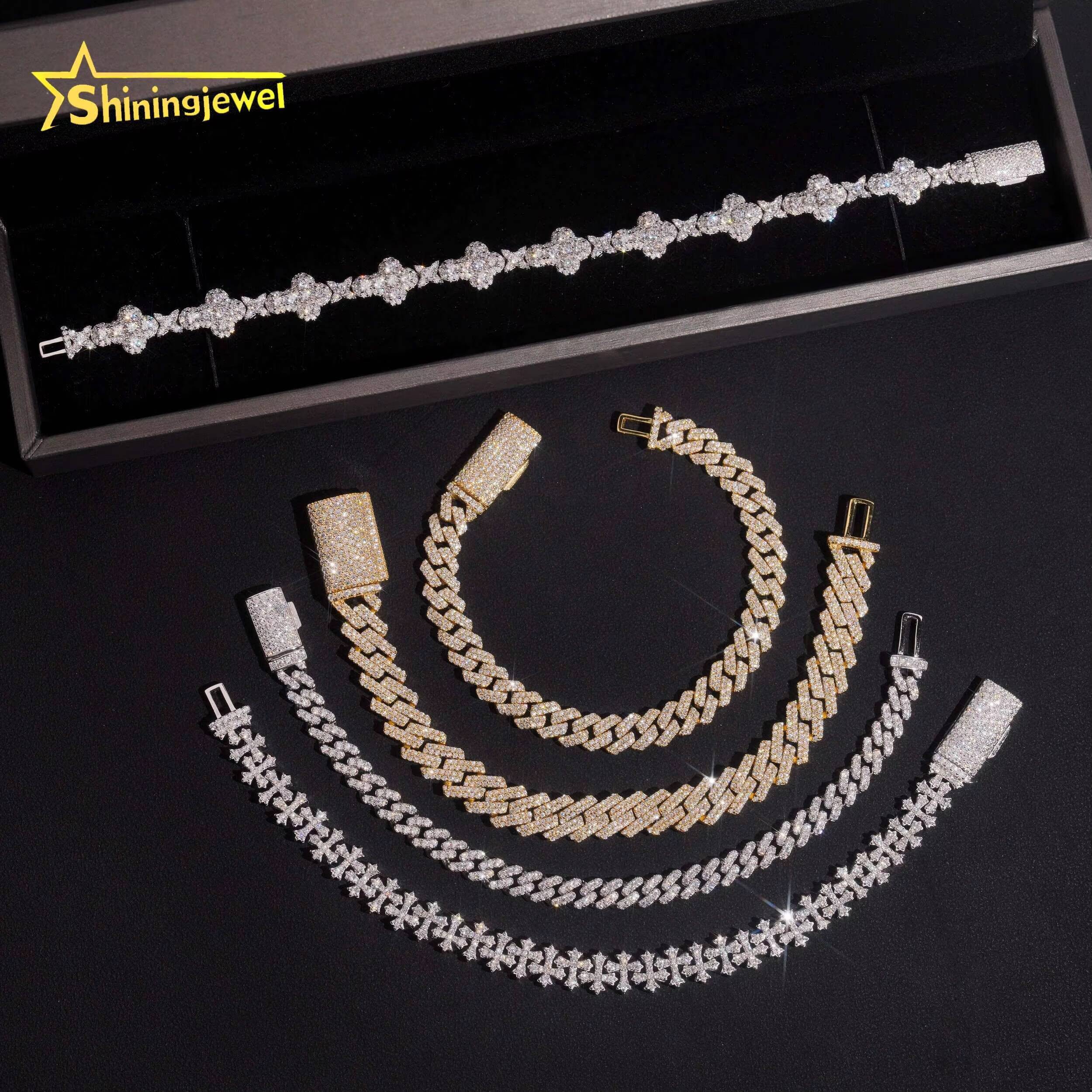 Hot Sale Iced Out Cuban Link Bracelet 925 Sterling Silver Gold Plated Pass Diamond Test VVS Moissanite Cuban Bracelet