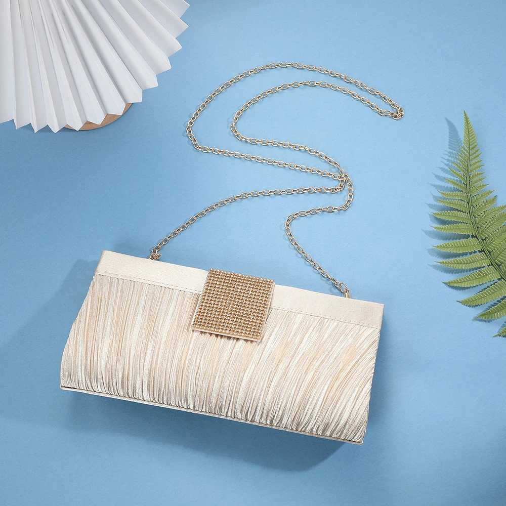 Popular Satin Clutch Bags Bridal Wedding Purse Shiny Pleated Crossbody Shoulder Handbag Rhinestone Evening Bags For Party H251027
