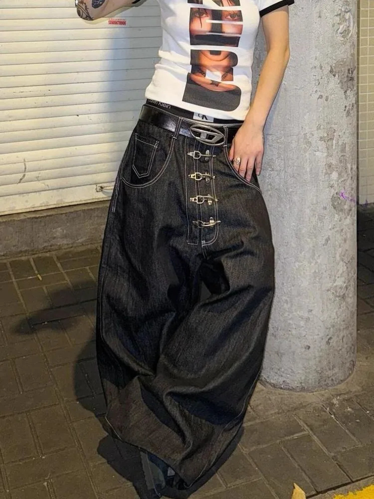 Womens Metal Buckle n Curved Wideleg Jeans High Waist Straight Baggy Denim Pants Female Vintage Street Style Trouser 251027