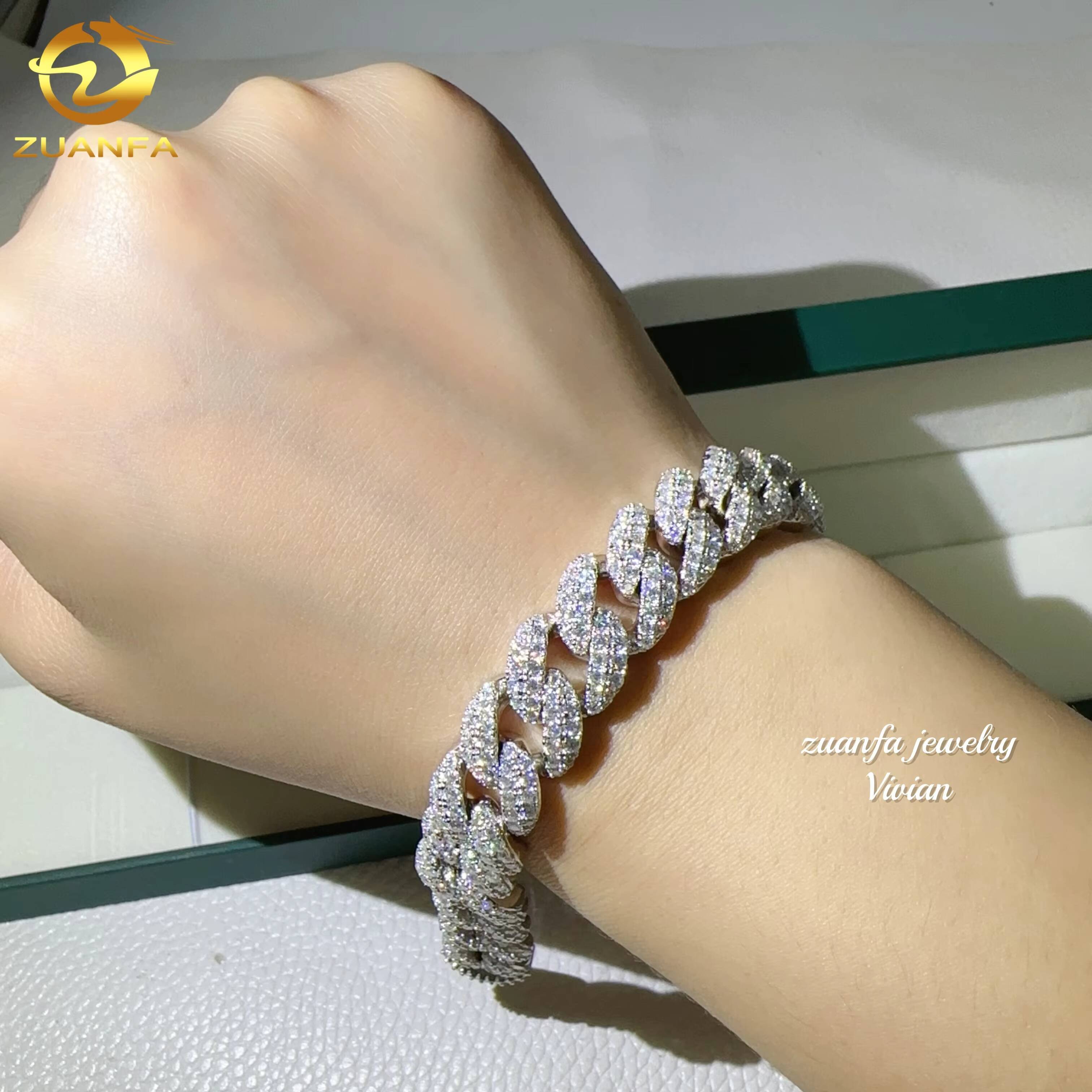 Fashion Fine Jewelry Sterling Silver 925 Vvs Moissanite Lab Diamond Hip Hop Iced Out Jewelry 12mm Cuban Link Chain Bracelet Men