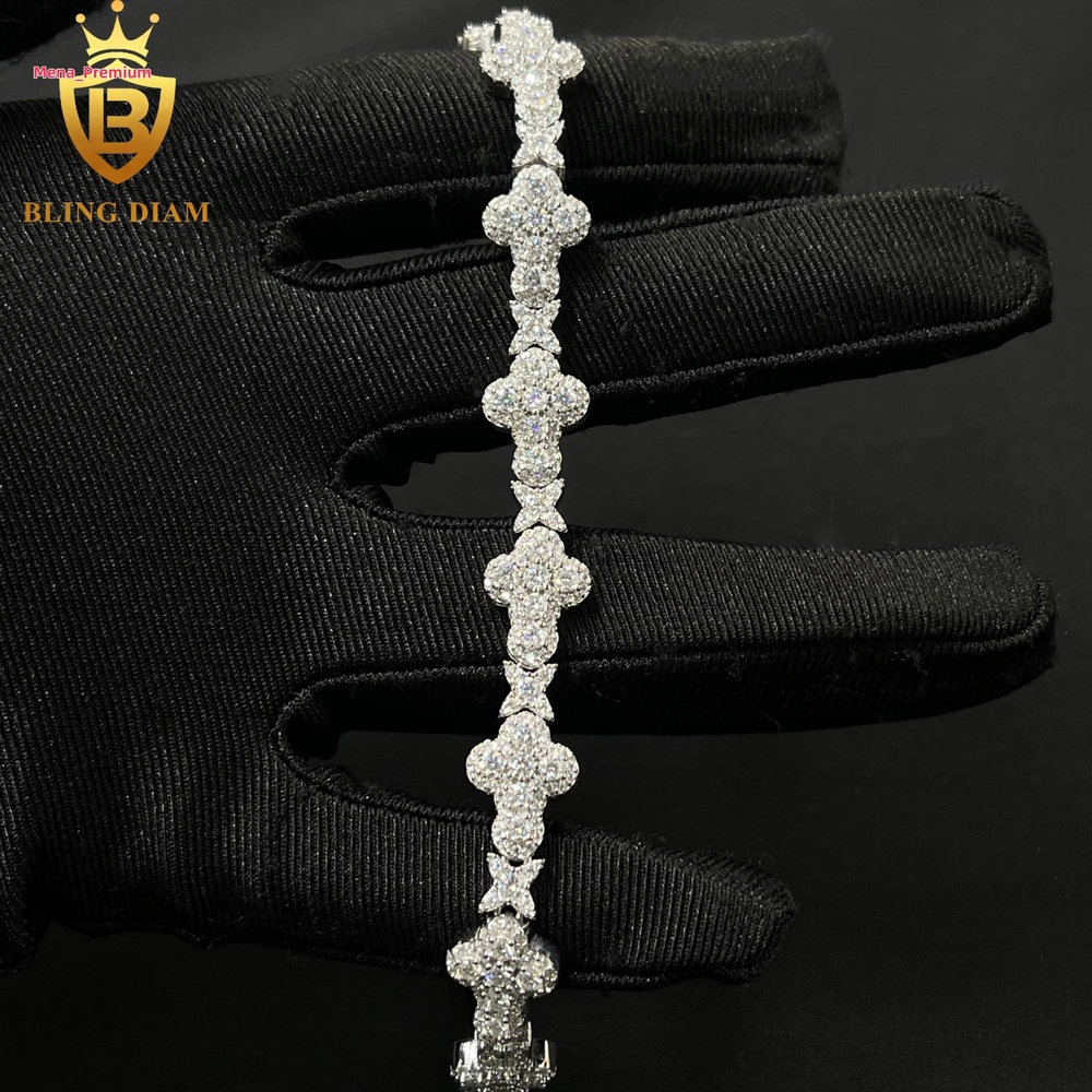 Hip Hop Jewelry 925 Silver Diamonds Moissanite Cuban Link Chain 10mm Flower Cross for Women Men Bracelets