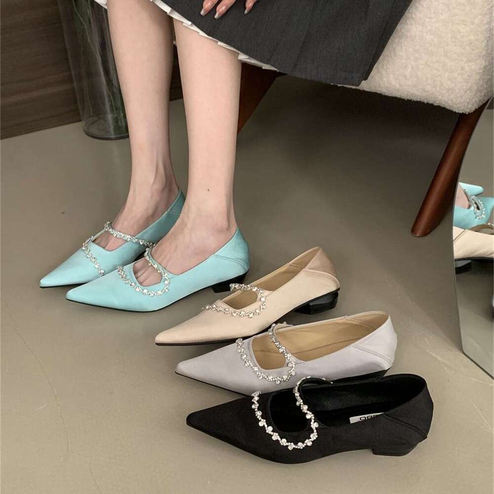 2025 Autumn Luxury Designer Women's Shoes Curved Rhinestone Elegant Style, Pointed Toe Full Coverage, Square Heel & Soft Sole