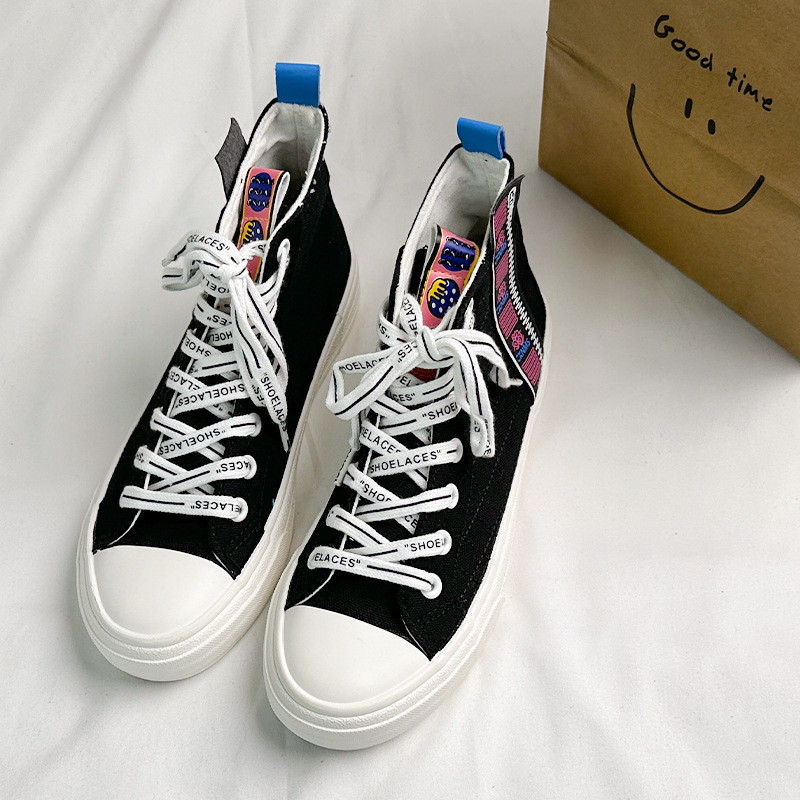 2025High-top canvas shoes women's autumn new platform black trend casual color-blocking student fashion