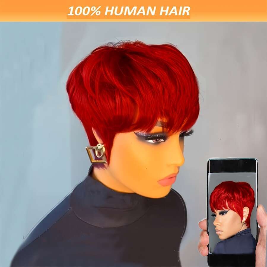 Women's 6-Inch Straight Human Hair Wig With Layered Bangs - Bright Ruby Red Pixie Cut, Density Rose Net Cap, Natural Look For Cosplay & Everyday 