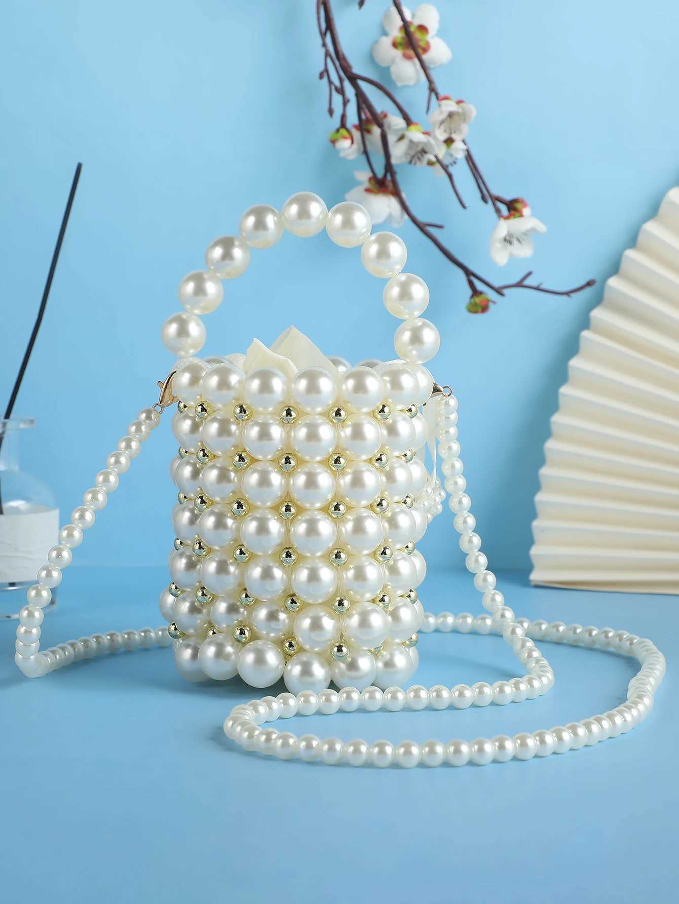 Elegant Womens Handbag with Detachable Pearl Chain Shoulder Strap Handmade Bucket Bag for Dinner Party Evening Gown H251027