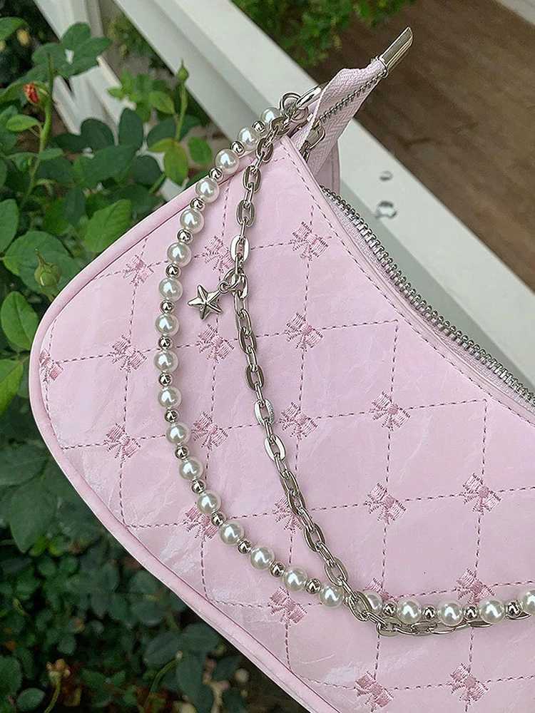 2025 new pink sweet and cute artificial pearl chain crossbody bag shoulder bag womens bag daily commuting bag small square bagT251028