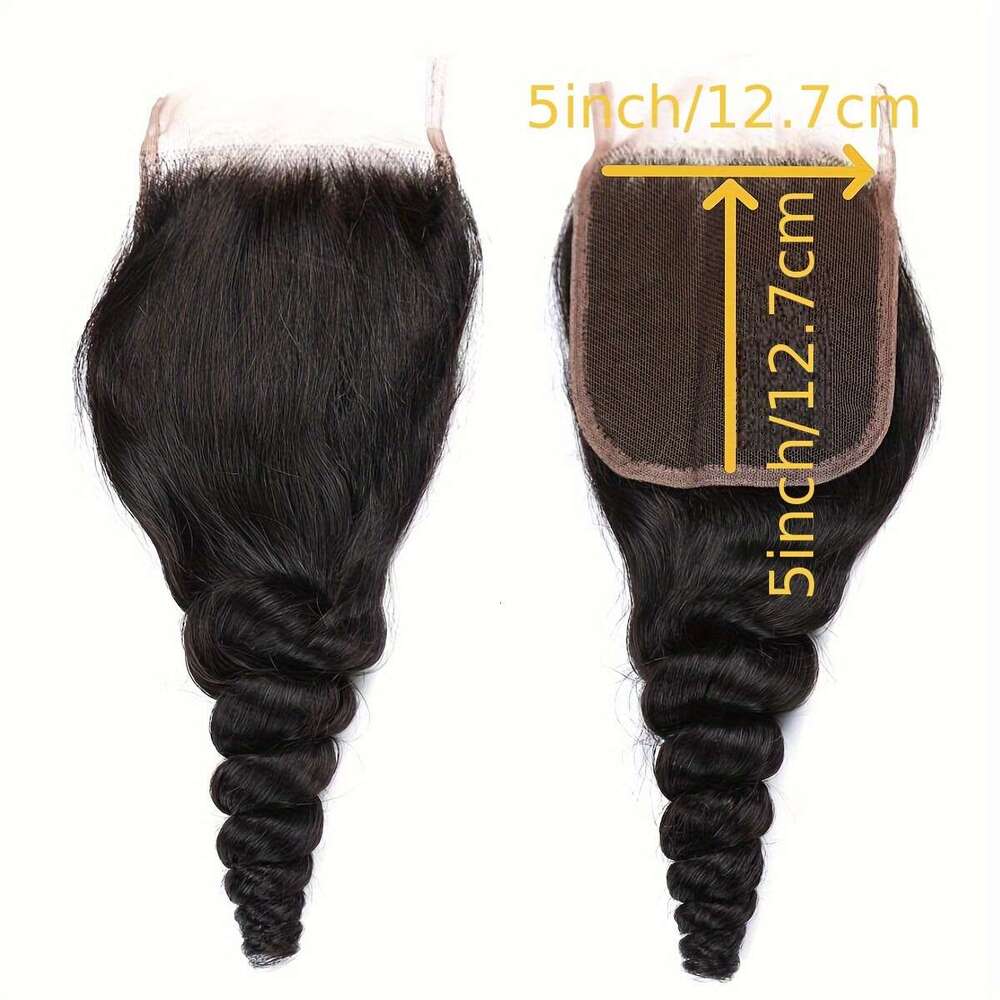 3 Bundles Brazilian Virgin - Natural Black Weave Women, Long Loose Wave Curly With & Length, Natural-Looking Hairline, High-Quality Lace Closure