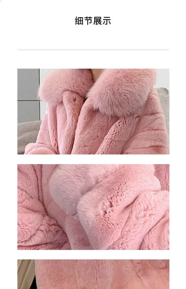 Autumn and Winter Womens Rex Rabbit Fur Water Pink Long Coat Imported Fur Integrated Fox Fur Collar 251027