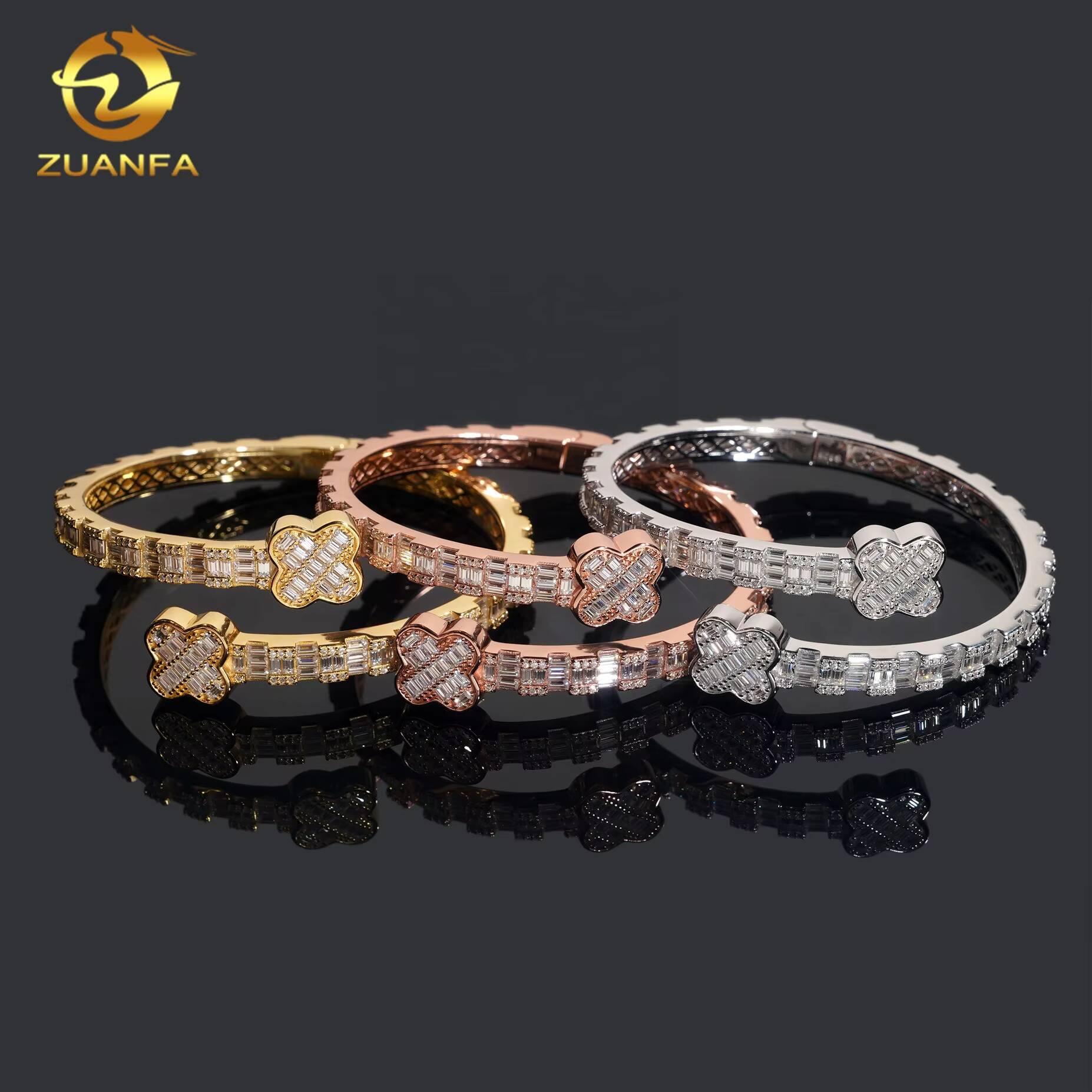 925 Sterling Silver Iced Out Hip Hop Jewelry VVS Moissanite Diamond Four Leaf Clover Bracelet Bangle Men