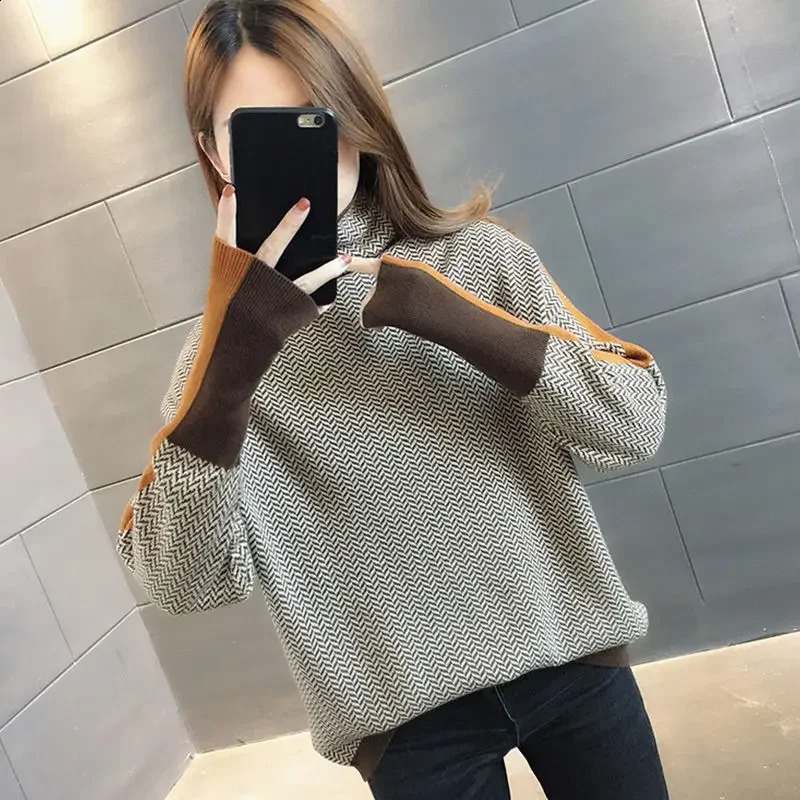 Autumn and winter retro checkerboard letter jacquard high neck soft glutinous pullover knitted sweater for women 251027