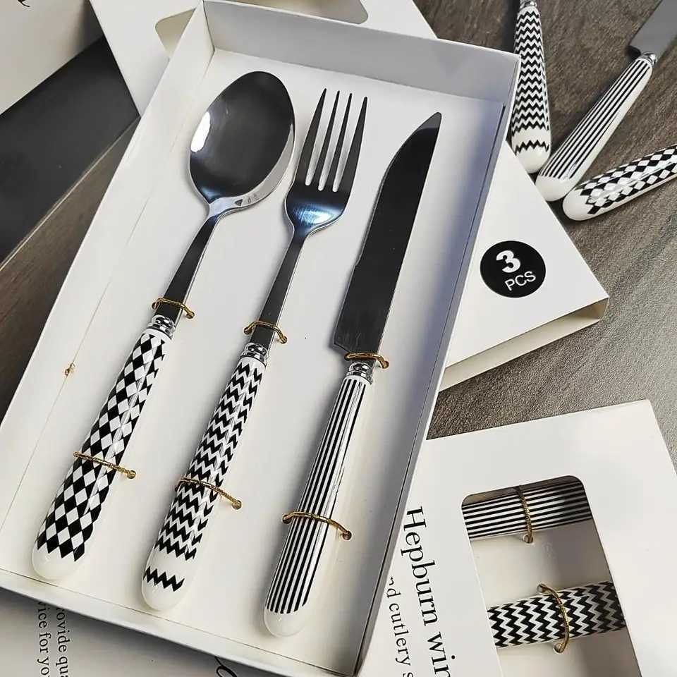 3 pcset christmas Stainless Steel Knife Fork Spoon Checkerboard Ceramic Handle Kitchen Dinnerware Dessert Fork Spoon Tablewares Y251025