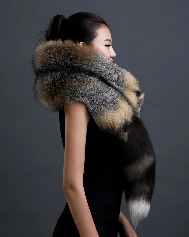 Winter Warm Large Fox Fur Collar Natural Fur Coat Scarves Women Men Jackets Hood Shawl Decor Female Neck Scarf Wraps 251023