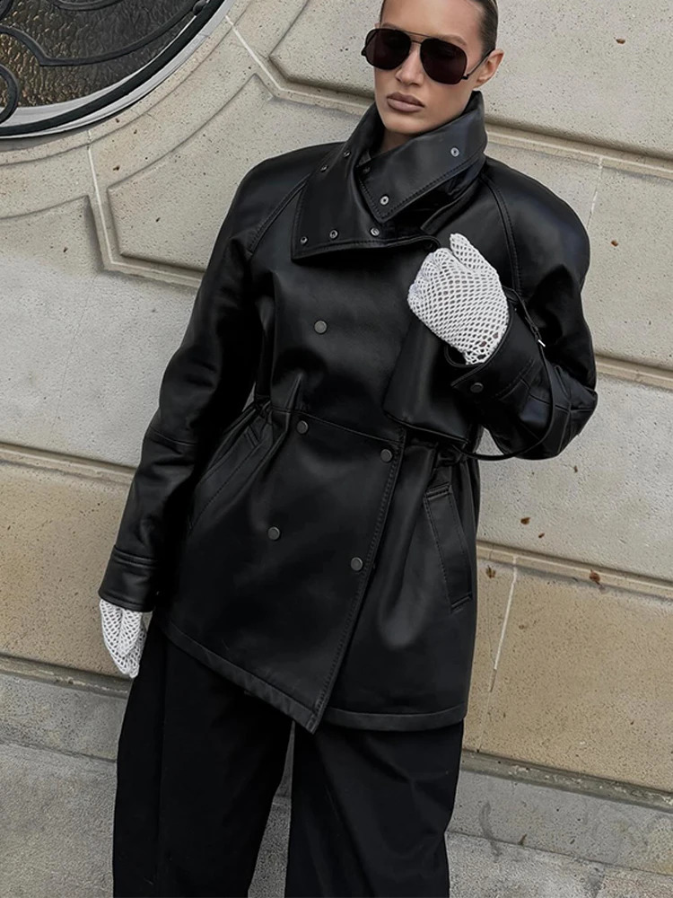 Women Fashion Black Leather jacket Double slim fit stand up collar Coat 2025 Autumn High Street Outfits Womens jackets 251027