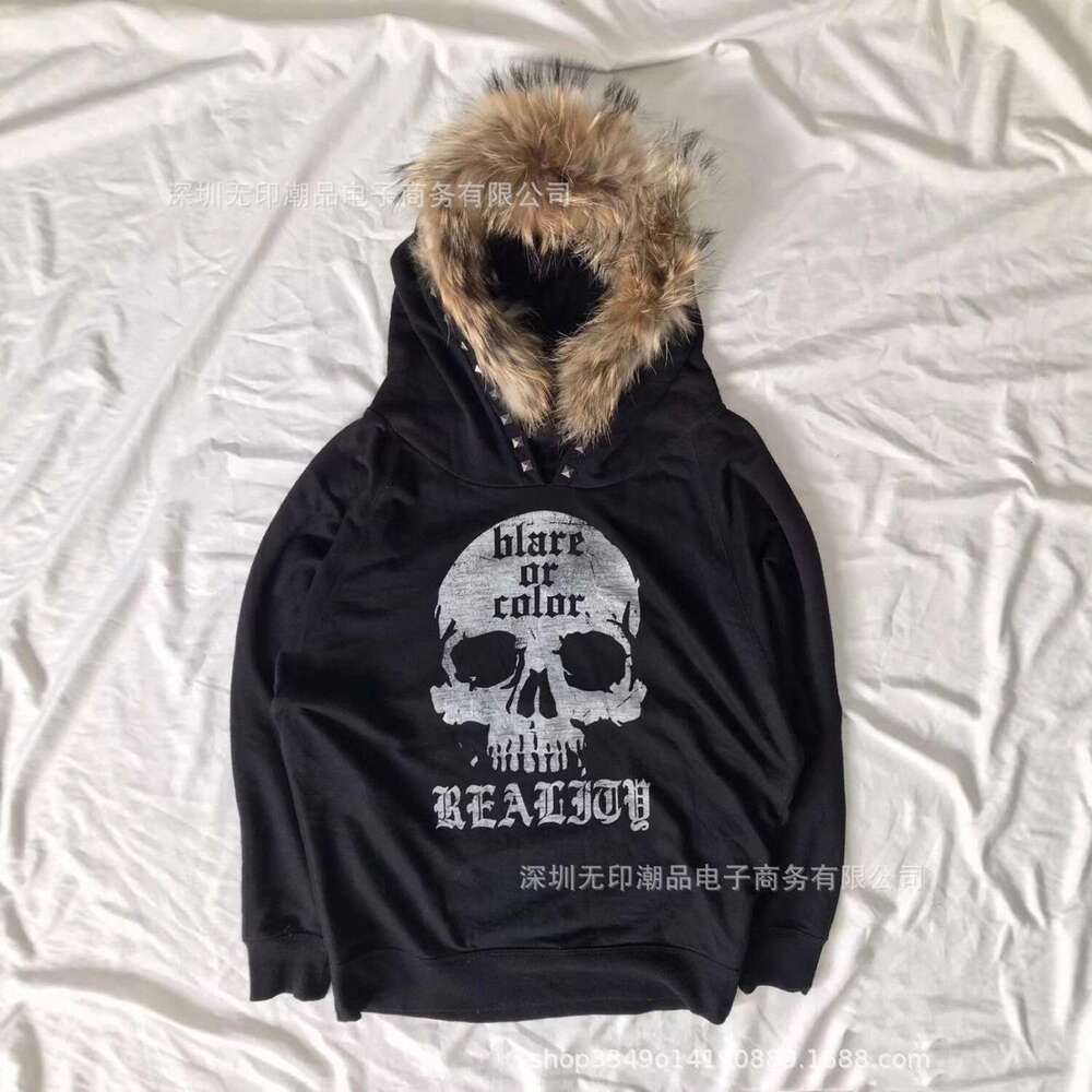 American Spicy Girl Y2K Women's Furry Skull Letter Print Dark Street Style Hooded Fleece Sweatshirt