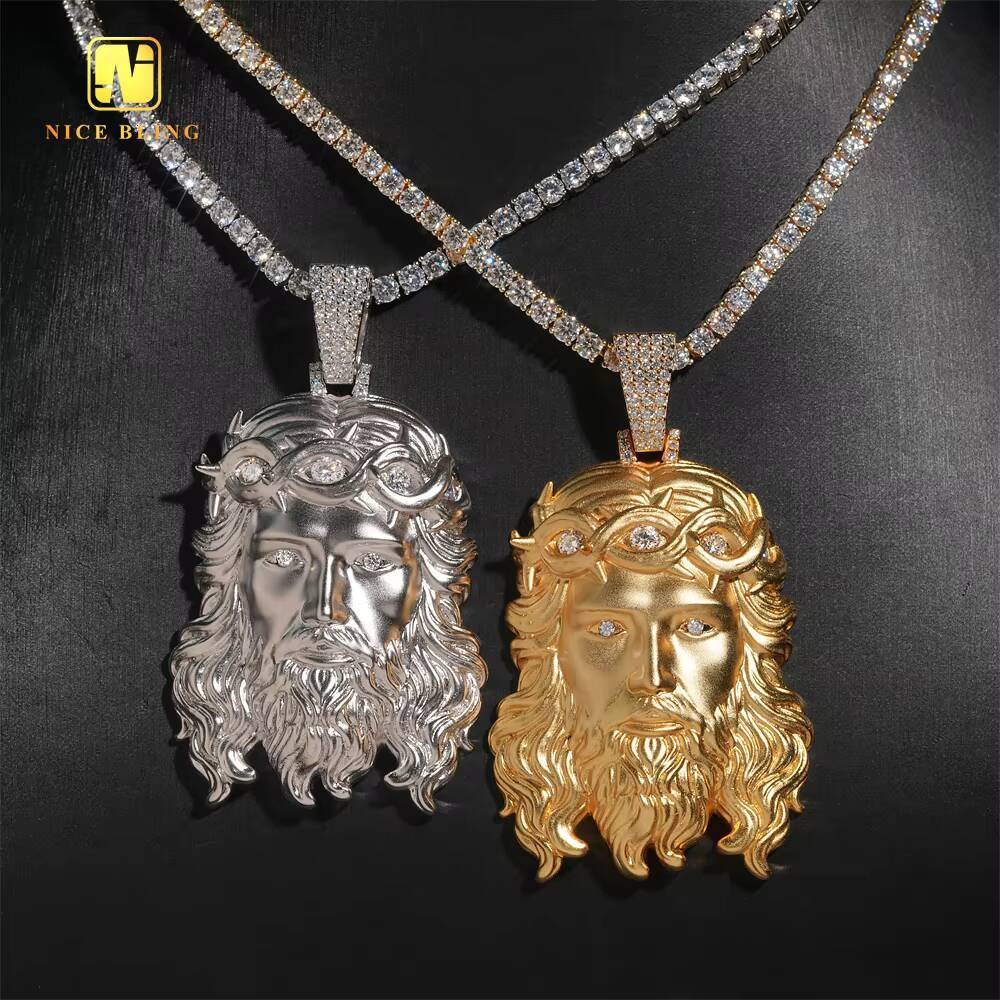 Big Size Ready to Ship Custom Solid Back Jesus Head Charms 925 Silver Diamond Hip Hop Moissanite Jewelry Iced Out Pendant